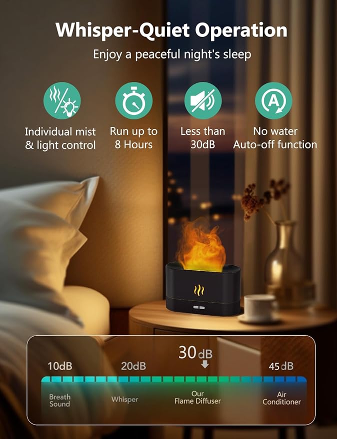 Essential Oil Diffuser, Air Humidifier with Flame Led Light - 7 Colors, 180mL Capacity (8 Hours), Noiseless Operation, Auto-Off Protection - Perfect for Home Bedroom Office Gifts(Black) - Image 4