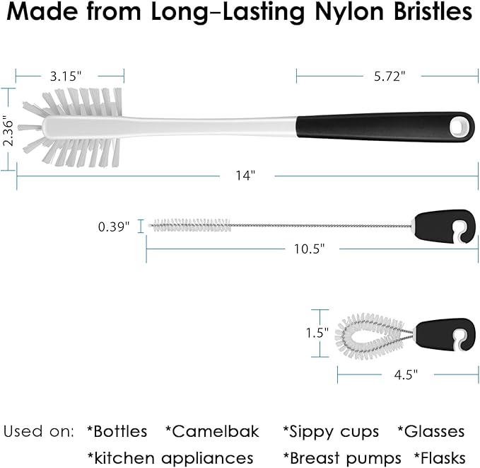 3-in-1 Water Bottle Cleaning Brush Set - Long Handle Scrubbing Brush for Tumbler, Straw, Baby Bottles, Drinking Glasses, White - Image 4