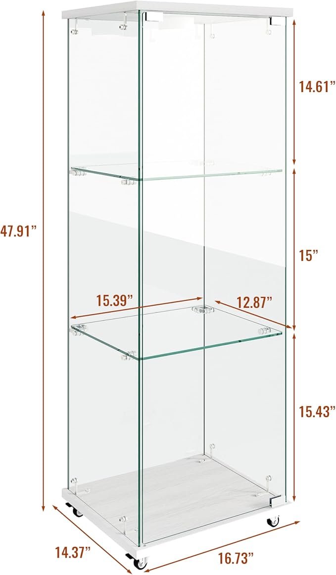 Yoluckea 3-Tier Glass Display Cabinet with LED Lighting, 1-Door Floor Standing Curio Cabinet with Universal Wheel for Home, Office, or Corner Display, White Glass Bookshelf for Collections and Decor - Image 2