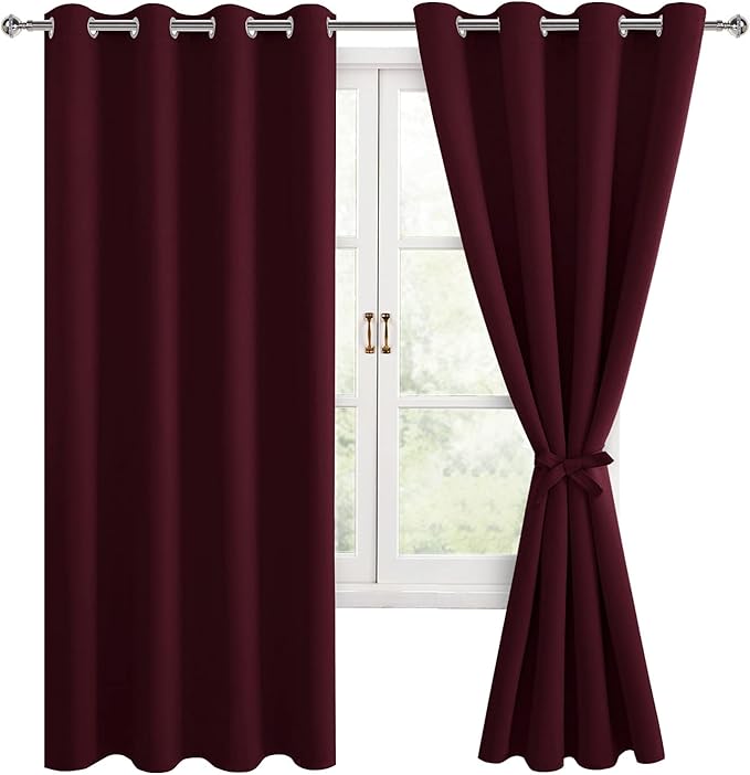 Hiasan Blackout Curtains for Bedroom, 52 x 63 Inches Length - Thermal Insulated & Light Blocking Window Curtains for Living Room Christmas Decor, 2 Drape Panels Sewn with Tiebacks, Burgundy - Image 2