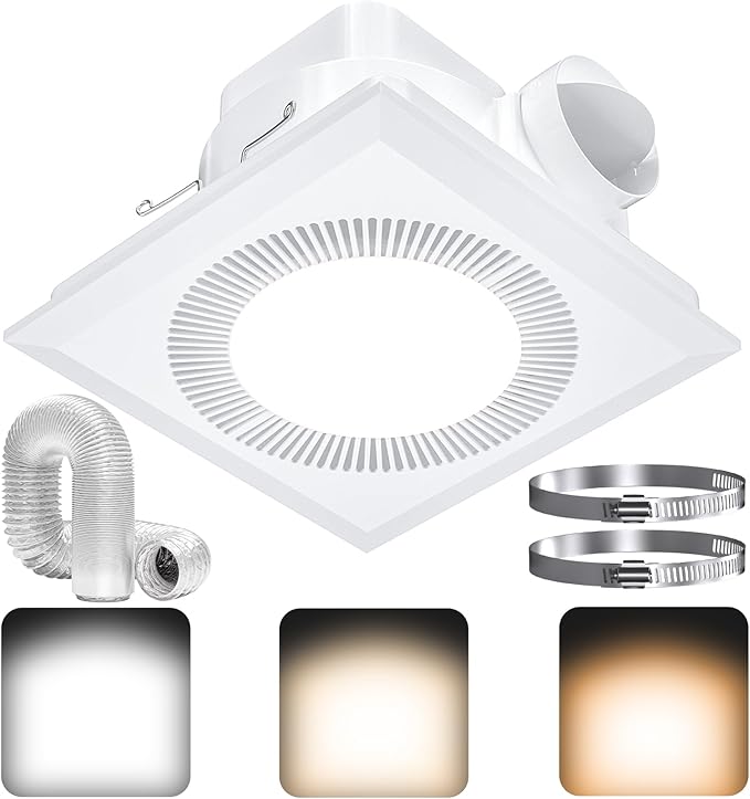 Hon&Guan Bathroom Exhaust Fan with Light, Upgraded Quiet Square Bathroom Vent Fan with Adjustable LED Light 3000K/4500K/6500K, 110 CFM, 1.0 Sones, Exhaust Fan with Light for Home Bath Hotel by HonGuan