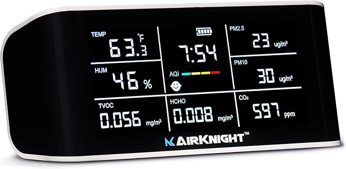 AirKnight Premium Indoor Air Quality Monitor Indoor & Air Quality Sensor. VOC Detector, CO2 Monitor, Formaldehyde Detector HCHO, AQI, PM2.5, PM10 Temperature Humidity Air Monitor AQI CO2 Meter by AirKnightMonitoring