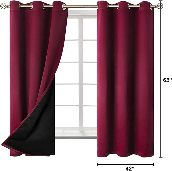 BGment Thermal Insulated 100% Blackout Curtains for Bedroom with Black Liner, Double Layer Full Room Darkening Noise Reducing Grommet Curtain (42 x 63 Inch, Burgundy Red, 2 Panels) - Image 9