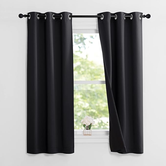 NICETOWN Complete 100% Blackout Curtain Set, Black, 37" W by 60" L, Double Panels, Thermal Insulated & Energy Efficiency Window Draperies with Black Liner, Noise Reducing Short Curtains for Kids Room - Image 2