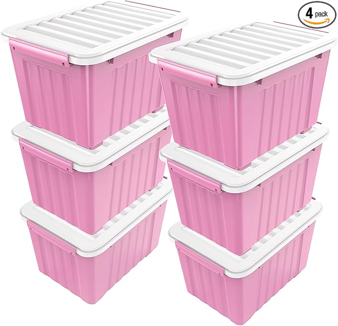 Nazhura Plastic Storage Bin, Stackable and Nestable Storage Boxes with White Lids and Secure Latching Buckles, Large Storage Container (Pink/White, 72Quart-6Pack) by NazhuraGoodCompanionAtHome