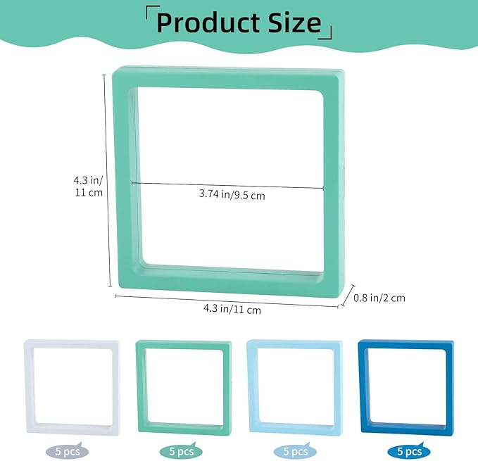 20 Pcs 3D Floating Display Case 4.3x4.3x0.8inch, Challenge Coin Display,Transparent PE Jewelry Storage Box,Floating Display Holder Stands for Antique Challenge Coins Medallion Stamps(Blue Green White) - Image 2