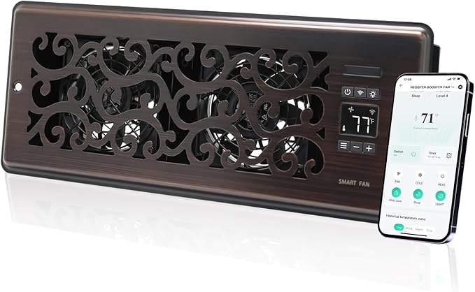 Register Booster Fan for 4" x 12" Register Holes, Quiet Vent Fan Booster with Intelligent Thermostat, Improves Heating Cooling, App Control, 10-Speeds, Charleston Smart Register Vent, ORB by SANYCASA