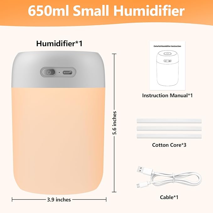 Portable Small Humidifier, 650ml Colorful Mini Humidifier for Bedroom, Office Desktop, Baby Room, Plants, Cool Mist Humidifiers(Light Gray) - Image 2