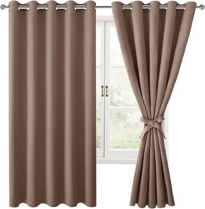 Hiasan Blackout Curtains for Bedroom, 60 x 63 Inches Length - Thermal Insulated & Light Blocking Window Curtains for Living Room, 2 Drape Panels Sewn with Tiebacks, Cappuccino by Hiasan