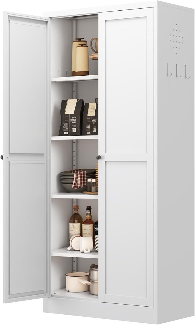 Kitchen Pantry Storage Cabinets with 4 Adjustable Shelves, 61" Tall Kitchen Cupboard Metal Food Pantry Cabinet for Kitchen, Dining Room, Living Room and Bathroom, Assembly Required(White) - Image 9