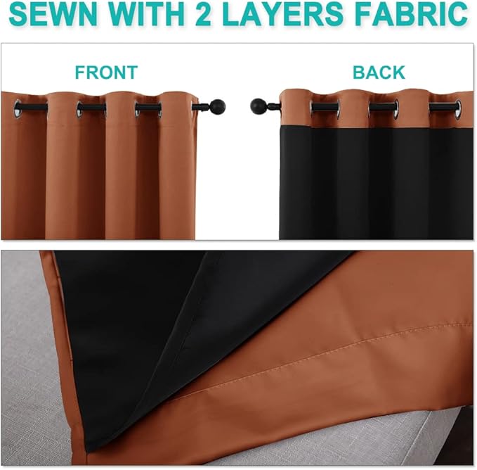 NICETOWN Burnt Orange 100% Blackout Lined Curtain, 2 Thick Layers Completely Blackout Window Treatment Thermal Insulated Drape for Kitchen/Bedroom (1 PC, 52 inches Width x 63 inches Length Each Panel) - Image 5