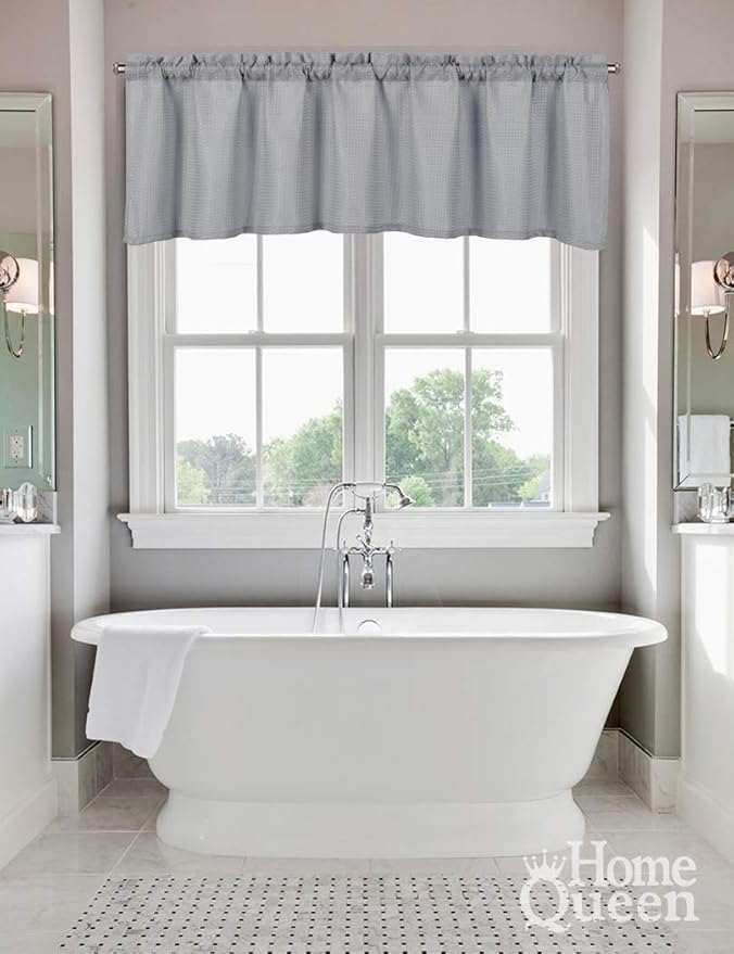 Home Queen Waffle Bathroom Window Curtain Valance, Short Straight Kitchen Window Topper, 60 x 16 Inch, Solid Grey - Image 9