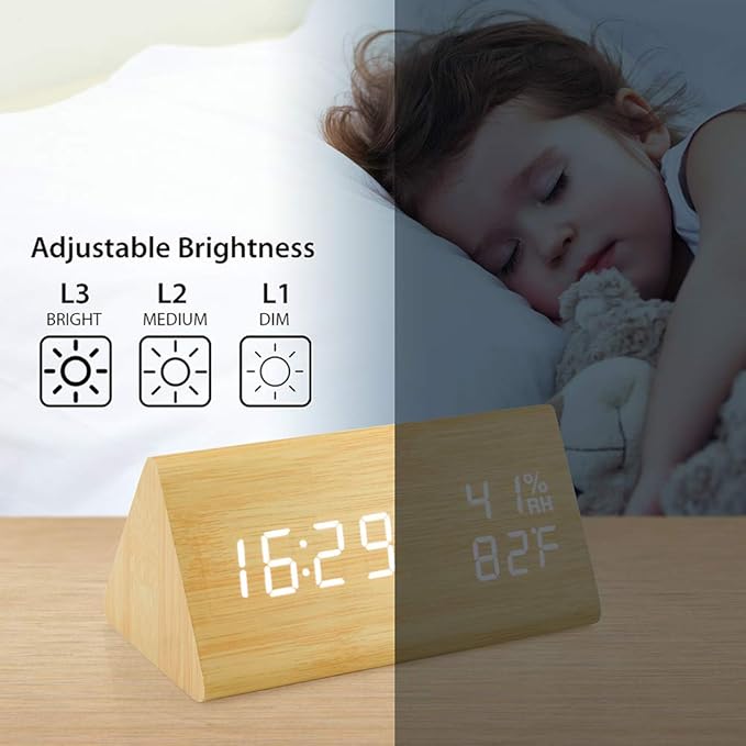 OCT17 Wooden Alarm Clock, Wood Alarm Clock Smart LED Digital Clock for Bedroom/desks, Upgraded with Time Temperature, Adjustable Brightness and Voice Control, Humidity Displaying - Bamboo - Image 4