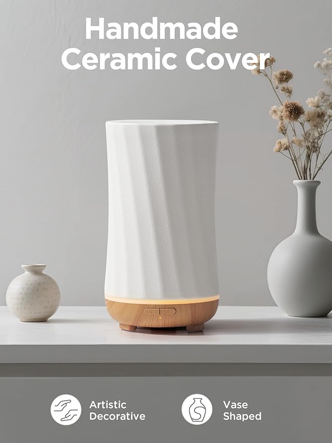 InnoGear 150ml Ceramic Oil Diffuser, Handcrafted Stone Essential Oil Diffuser Aromatherapy Diffusers Ultrasonic Cool Mist Humidifier Vaporizor with 2 Mist Modes for Room Home, White Twist Ceramic - Image 2