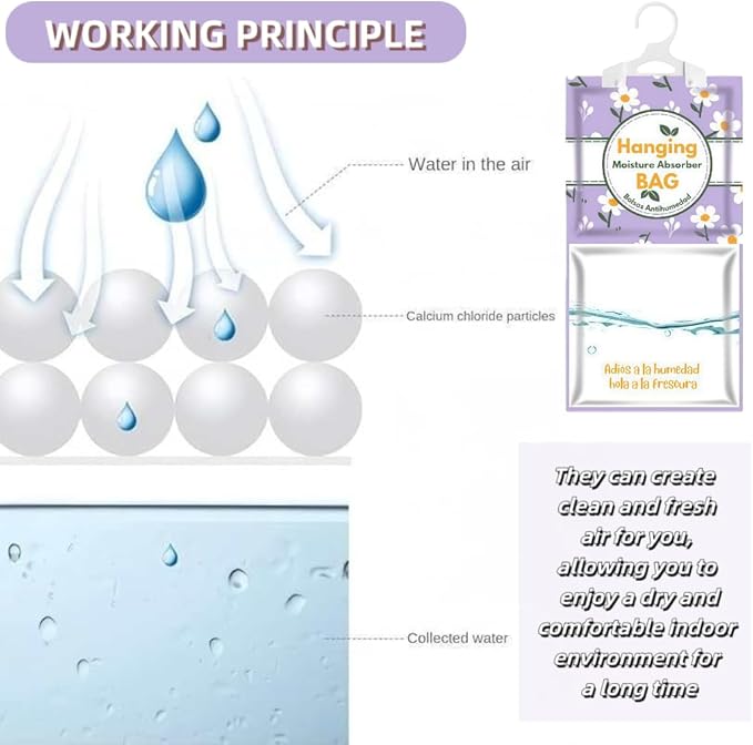 Moisture Absorbers Packets, Dehumidifier Bags, Hanging Moisture Absorber Bag, Humidity Packs,Closet Dehumidifier,Unscented Desiccant in Wardrobes, Bedrooms, Bathrooms,Kitchen (6 PACK) - Image 5