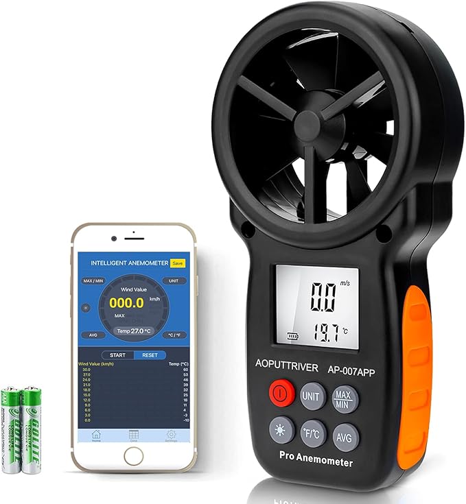 Bluetooth Anemometer,CFM Air Flow Velocity Tester, Digital Wind Speed Gauge Meter with 14℉-113℉ Wind Temperature Measuring and USB Data Export by AOPUTTRIVER