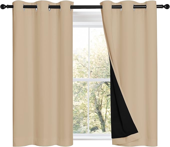 NICETOWN Biscotti Beige Bedroom Full Blackout Curtain Panels, Super Thick Insulated Window Covers, Complete Blackout Draperies with Black Liner for Short Window(Set of 2, 42 by 45-inch) by NICETOWN