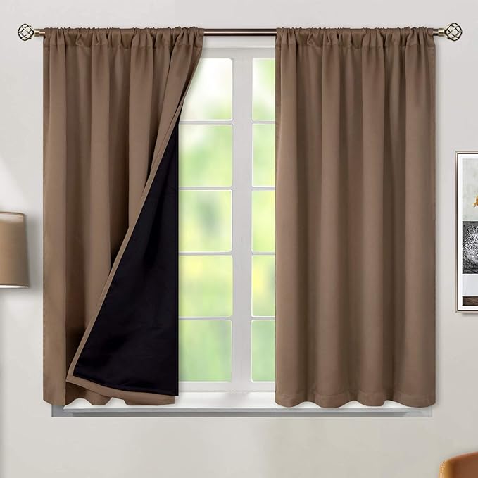 BGment Thermal Insulated 100% Blackout Curtains for Bedroom with Black Liner, Double Layer Full Room Darkening Noise Reducing Rod Pocket Curtain (52 x 54 Inch, Taupe, 2 Panels) by BGment