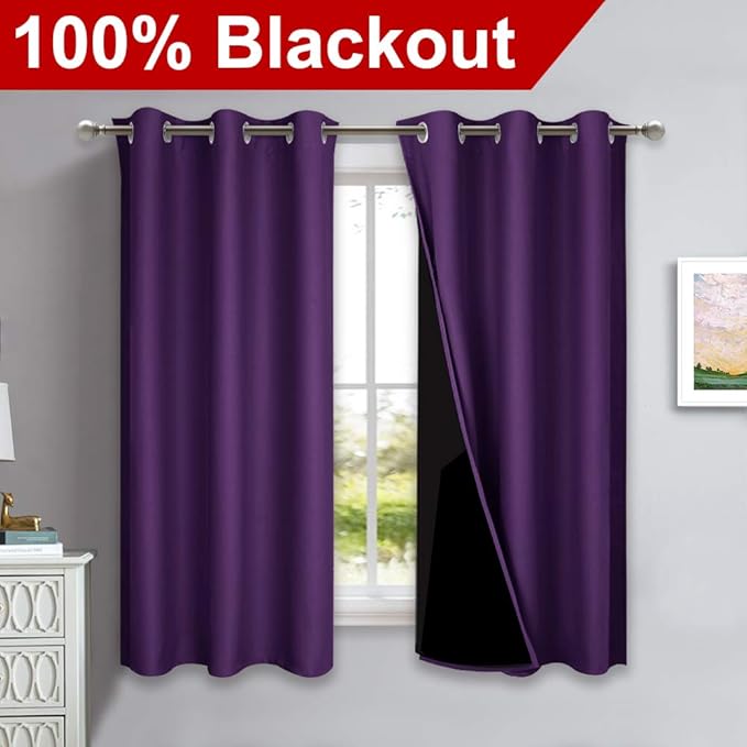 NICETOWN 100% Blackout Short Curtains with Black Liners, 2 Panels, 37" W by 63" L, Royal Purple, Solid Thermal Insulated Full Blackout 2-Layer Lined Drapes, Energy Efficiency Window Drapes for Bedroom - Image 2