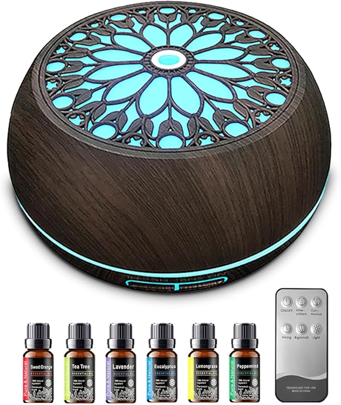 550ml Large Capacity Essential Oil Diffuser with 6 Aromatherapy Oils Set,Ultrasonic Air Humidifier with Timer and 7 Color LED Night Light Waterless Auto-Off Dark Wood Grain by Unknown