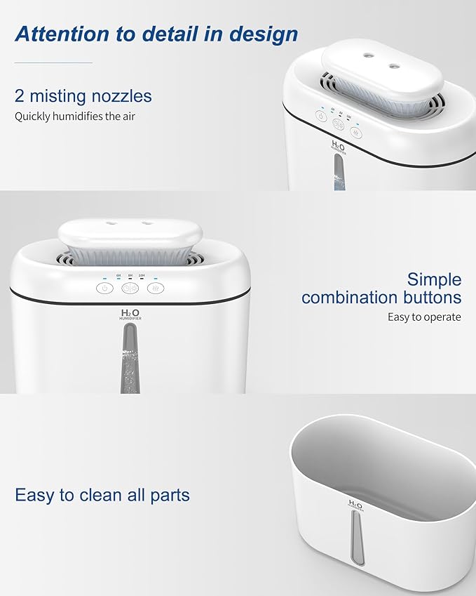 SZO Double Spray Humidifiers for Bedroom Large Room, 2.5L Cool Mist Humidifier for Plants Baby Nursery, Dual Nozzle Output, 16dB Quiet, Auto Shut-Off, Night Light, White - Image 5