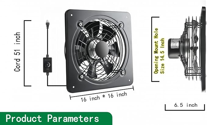 16 Inch Wall Window Exhaust Fan Wall Mounted Ventilation Fan 1040 CFM High-Speed1560 RPM Basement Extractor Fan Industrial Fan for Home Garage Office Commercial Use (16 Inch+Speed Control) - Image 3