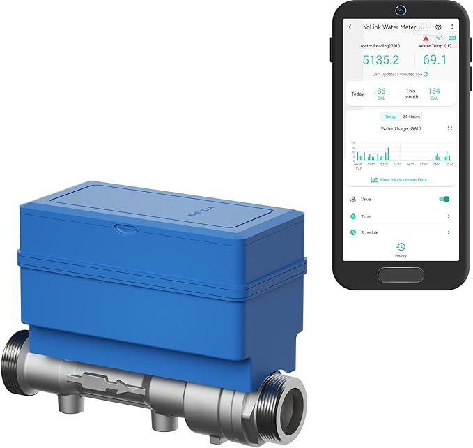 NSF Certified YoLink FlowSmart All-in-One Smart Water Meter & Auto Shutoff for 1.5" Pipes, LoRa Long-Range, Real-Time Leak Detection, 10-Year Battery, 80+ Device Ecosystem, Hub Required by YoLink