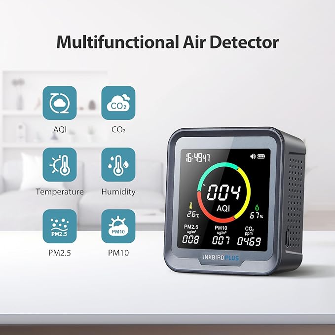 INKBIRDPLUS NDIR Co2 Monitor, Indoor Air Quality Monitor Battery Powered, Detector for Co2, Pm2.5, Pm10, Aqi, Temperature & Humidity,6-in-1 Carbon Dioxide Detector Meter for Home, Grow Tent Etc. - Image 2