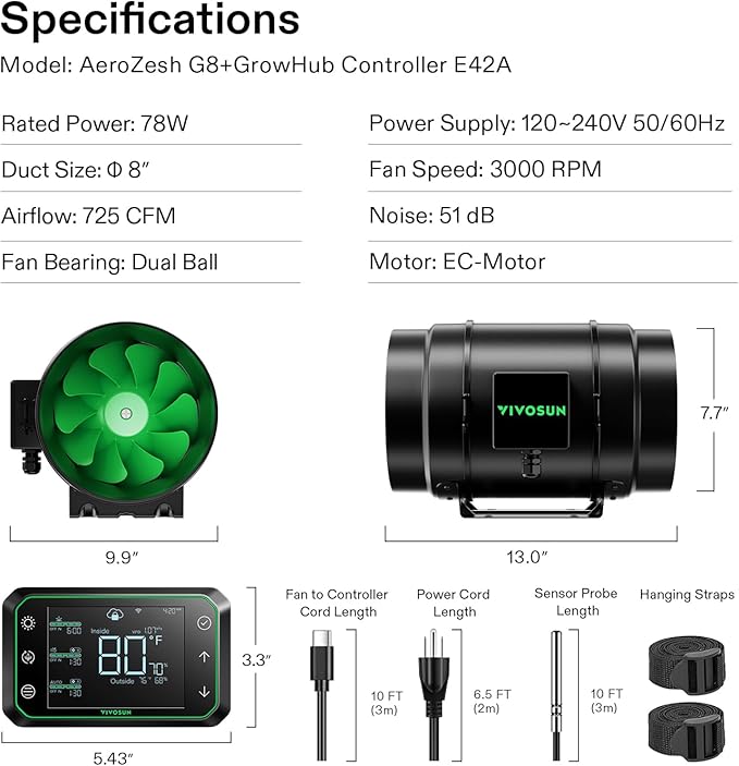 VIVOSUN G8 8" Inline Duct Fan & Temperature Humidity Controller, E42A WiFi-App Control AeroZesh Grow Tent Fan& Smart Thermostat, 725 CFM EC Motor Exhaust Fan for Heating Cooling, Greenhouse Accessory - Image 7