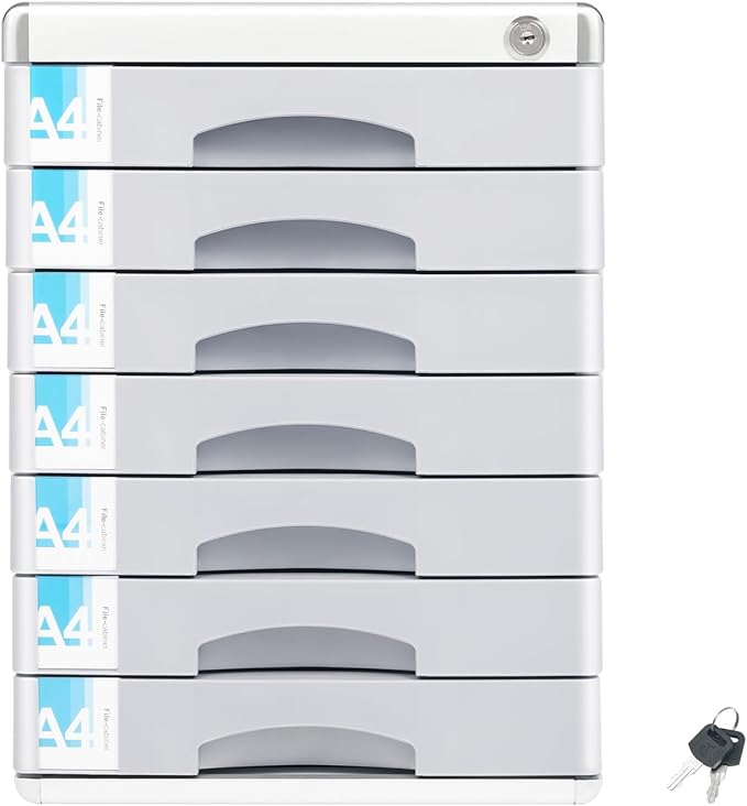 7 Tier Desktop Drawer Organizer, Aluminum Alloy File Organizer, Desktop Drawer Paper Organizer, 7 Drawers with Label Slot Document Storage Box with Key for Offices School by SimpMyloobe