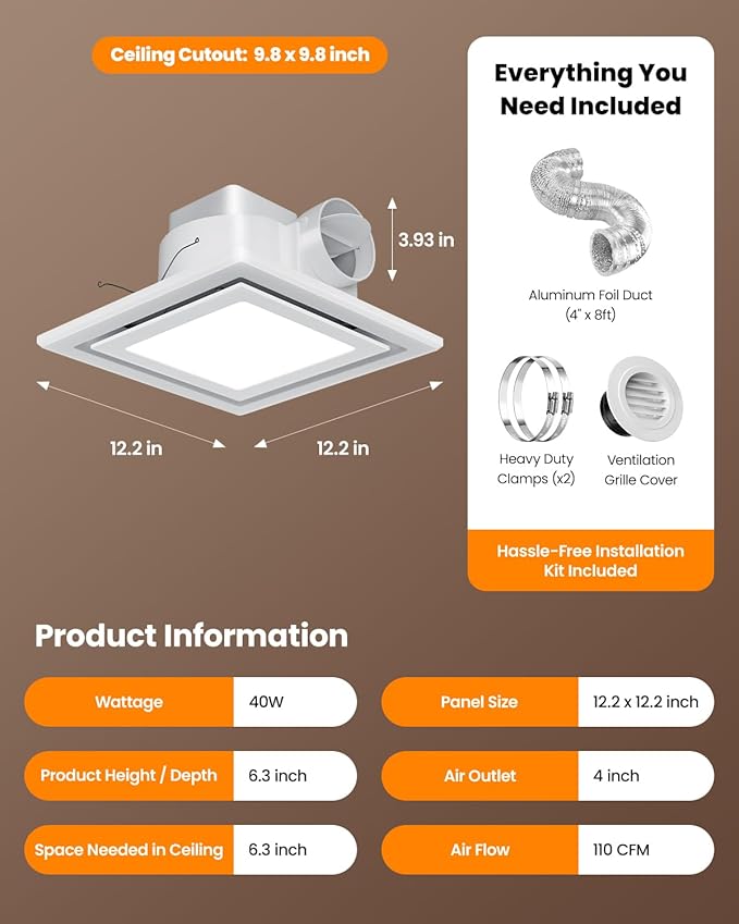 Bathroom Exhaust Fan with Light, 110 CFM 1.0 Sone Quiet Ceiling Mount Exhaust Fan, High CRI 97 3CCT LED Bathroom Ventilation Fan, LED Exhaust Vent Fan for Shower Bathroom Office Home, 4" Duct Included - Image 7