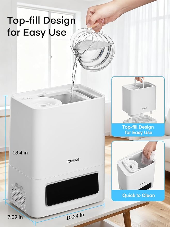 FOHERE 6L Humidifiers for Bedroom, 60H Cool Mist Humidifier for Large Room, 28dB Ultra-Quiet Runtime for Baby, Indoor, Plants, Smart Humidity Sensor, 16H Timer, Night Light, Oil Diffuser, White - Image 8