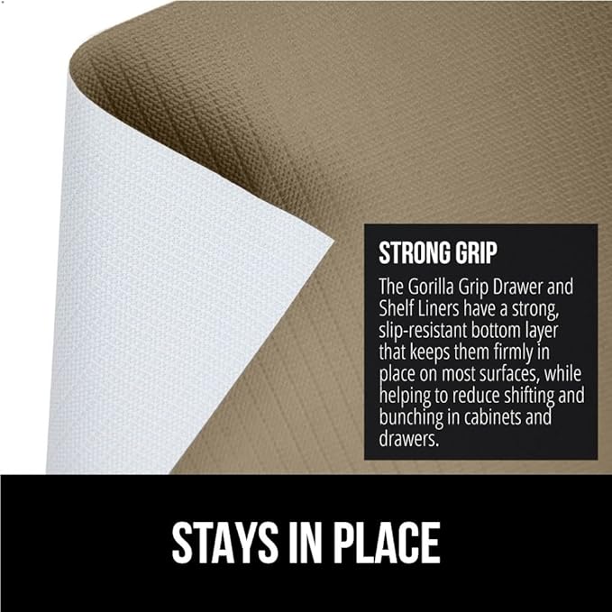 GORILLA GRIP DripGuard Shelf Liner, Non-Adhesive Drawer and Kitchen Cabinet Protector, Strong Grip Slip Resistant Underside, Smooth Surface Liners for Cabinets, Bathrooms, Closets, 12x240 Inch, Beige - Image 3