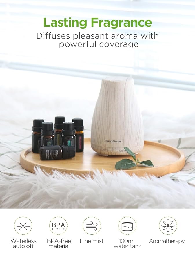 InnoGear Essential Oil Diffuser with Oils, 100ml Aromatherapy Diffuser with 6 Essential Oils Set, Aroma Cool Mist Humidifier Gift Set, Grey Wood Grain - Image 7