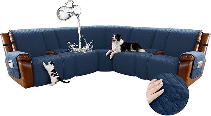 Arfntevss Waterproof Recliner Sectional Couch Covers for Reclining L Shape Sofa Cover Non Slip Washable L Shaped Slipcover Sets for Dog Furniture Protector (5 Seat with 2 Console Cover, Dark Blue) by Arfntevss