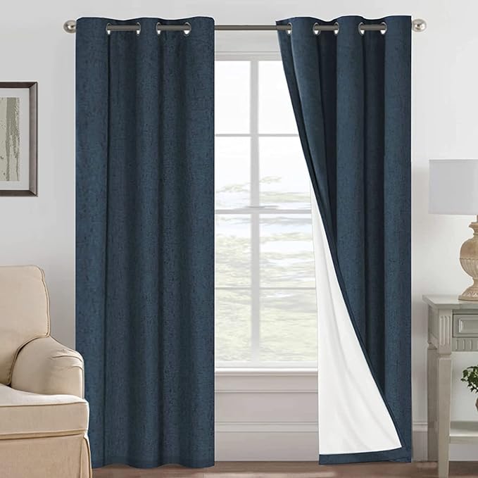 H.VERSAILTEX Primitive Linen Blackout Curtains with Burlap Fabric and White Thermal Insulated Liner, Grommet Top Curtains for Living Room/Bedroom (2 Panels, 42 x 84 Inch, Navy) by HVERSAILTEX