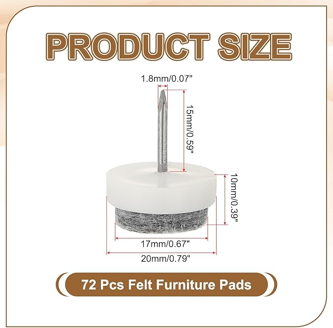 PATIKIL 20 mm Nail-on Felt Pads, 72 Pcs Round Felt Furniture Sliders Pads Heavy Duty Floor Protectors for Wooden Chair Sofa Cabinet Table Leg Feet Hardwood Floors, White - Image 2