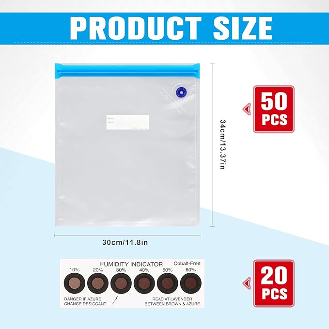 Jetec 70 Pcs 3D Filament Storage Bags Vacuum Sealed Kit, Include Reusable 3D Printer Filament Vacuum Storage Bags 13.4 x 11.8 Inch and Cobalt Free Humidity Indicator Cards for Keeping Files Dry - Image 2