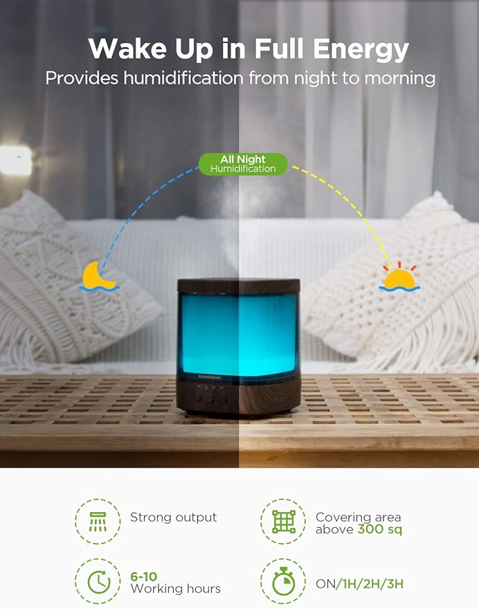 InnoGear Diffusers for Essential Oils, 300ml Oil Diffuser Aromatherapy Diffusers Aroma Ultrasonic Cool Mist Humidifier 4 Timers Color Changing Lights Auto-Off, Brown - Image 6