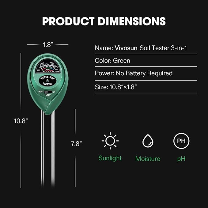 VIVOSUN Soil Tester, 3-in-1 Plant Moisture Meter Light and PH Tester for Home, Garden, Lawn, Farm, Indoor and Outdoor Use, Promote Plants Healthy Growth - Image 4