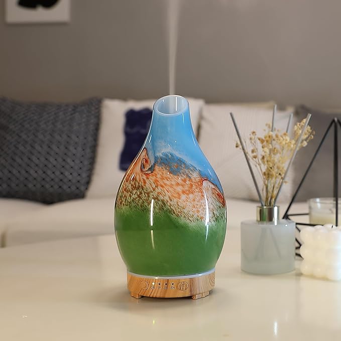 Vase Aroma Essential Oil Diffuser 160ml Art Glass Ultrasonic Cool Mist Scent Aroma Diffuser, Intermittent with Auto Shut-Off Timer Setting &7 Colors Night Light for Home-Ends of The Earth by inrorans