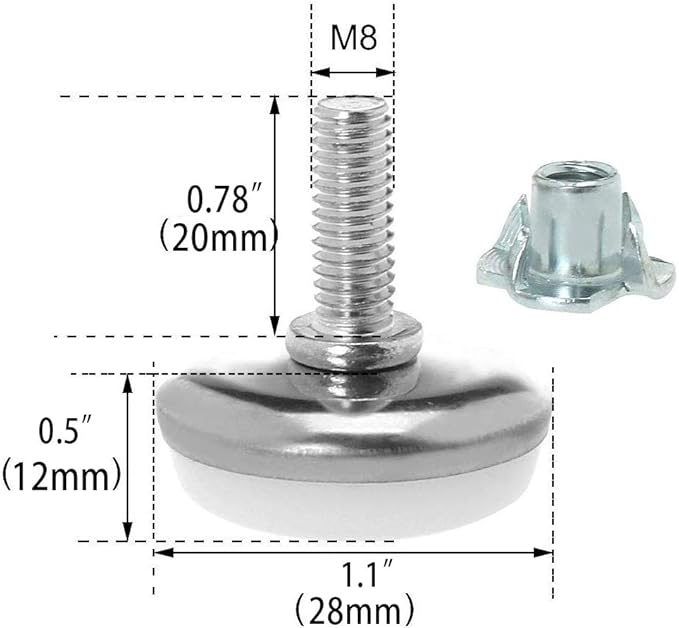 NGe 12-Set M8 x 20mm Heavy Duty Screw-On Furniture Leveling Feet Adjustable Leveler Floor Protector (Kit with 4 Prong T-Nuts), for Home Furniture Desk Table Sofa Chair Legs - Image 3
