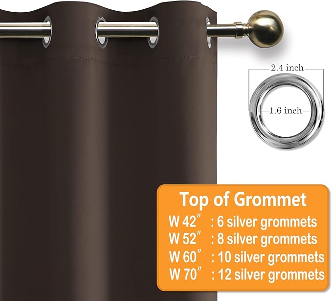 Hiasan Grommet Blackout Curtains for Bedroom, 70 x 84 Inches - Thermal Insulated & Light Blocking Window Drapes for Living Room/Dorm Room, Set of 2 Panels Sewn with Tiebacks, Brown - Image 6