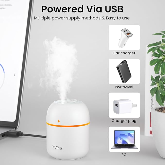 Portable Small Humidifier, WUTAER USB Personal Desktop Humidifier for Car, Office Room, Bedroom, Auto Shut-Off, 2 Mist Modes, Super Quiet(220ml, White) - Image 5
