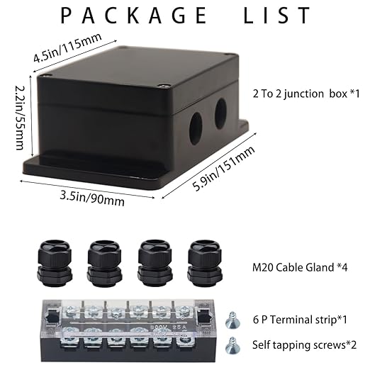 Watertight Junction Box, IP67 Waterproof Electrical Project Box with 6P 25A Barrier Terminals,2 in/2 Out Cable Glands Electronic Enclosure 4.53" x 3.54" x 2.17" - Image 7