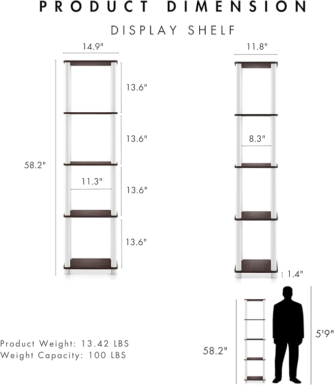 Homes: Inside + Out Apexa Modern 5-Tier Narrow Shelving Units, Collectibles Display Shelves, Easy Assembly Standing Shelf, Home Storage Organizer for Living Room, Bedroom, Office, Espresso - Image 3