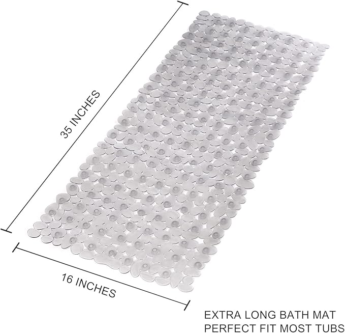 WELTRXE Non Slip Bathtub Mat 35 x 16 Inches Pebbles Shower Mats with Suction Cups, Drain Holes for Bathroom Showers, Tub, Machine Washable Bathroom Mats BPA, Latex Free Safe Tub Mats - Clear Gray - Image 3
