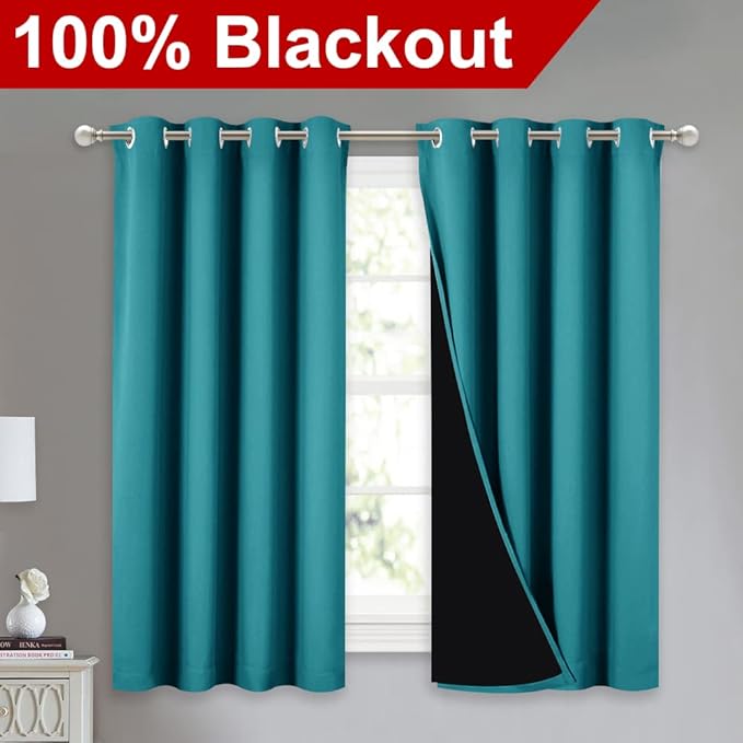 NICETOWN 100% Blackout Curtains 54 inches Long, Double-Deck Completely Blackout Window Treatment Thermal Insulated Lined Drapes for Small Window (Peacock Teal, 1 Pair, 52 inches Width Each Panel) - Image 2