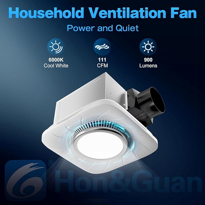 Hon&Guan Bathroom Exhaust Fan with Light, 111 CFM Ventilation Fan wih 900 LM LED Light for Home, 45 Watts & 1.5 Sones - Image 2