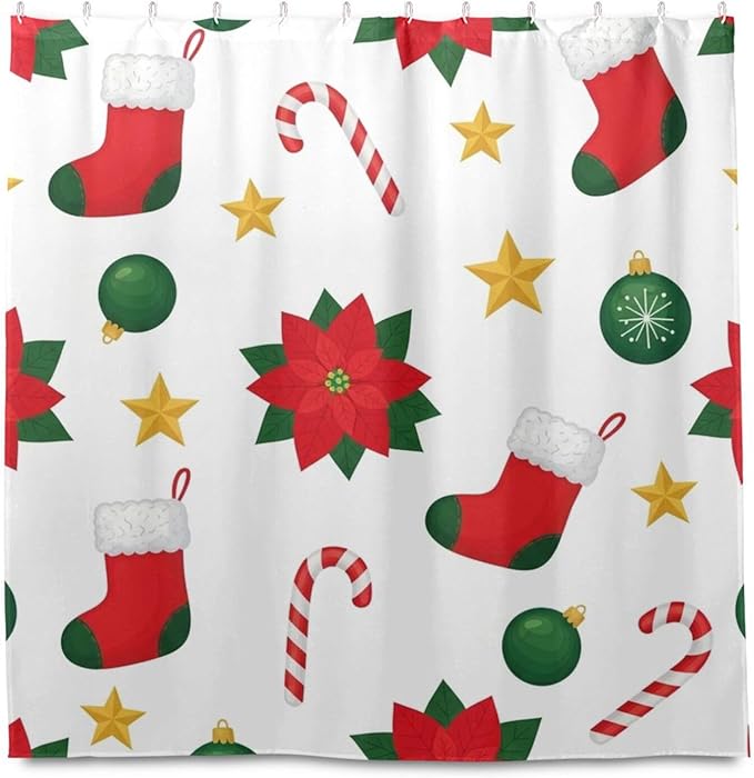 Red Stocking Christmas Shower Curtain Liner 72×72 inch for Bathroom Curtain Anti Mold Shower Curtain with Hooks Bathroom Accessories - Image 2